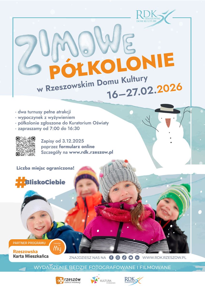 Plakat promujący "Zimowe półkolonie" w Rzeszowskim Domu Kultury